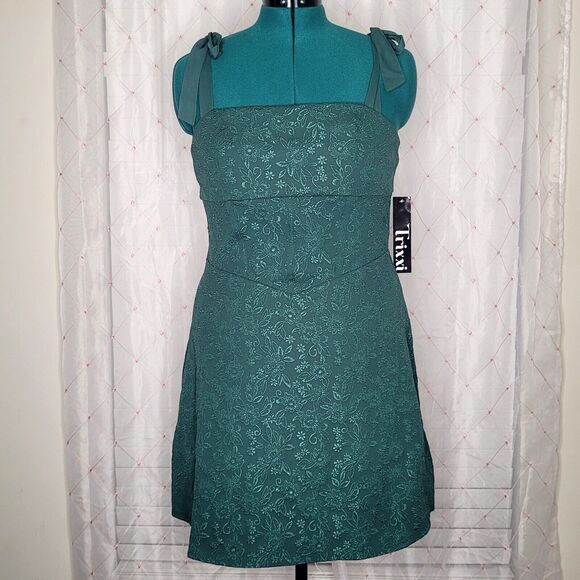 Trixxi Hunter Green Jacquard Floral Corset Babydoll Chiffon Straps Dress XL‎ NWT - Picture 1 of 7